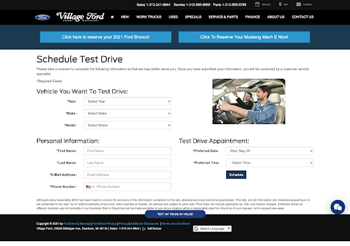 Village Ford schedule test drive landing page